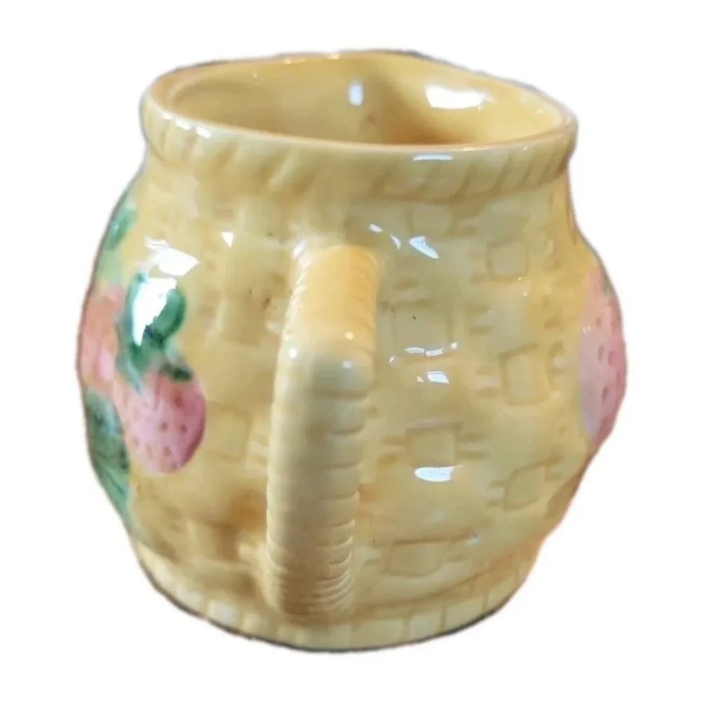 Vintage 1/2 Cup Strawberry Ceramic Pitcher Basket Weave Country Kitchen Decor